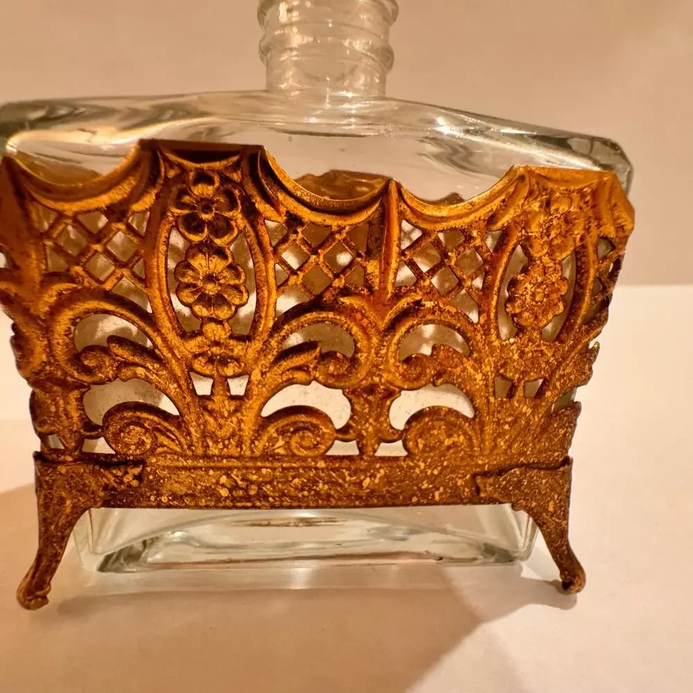 Vintage Perfume Bottle Ornate Footed Gold Filigree Cologne Vanity‎ No Perfume